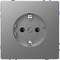 'Grey-silver socket, front view, with two holes for plugs.'