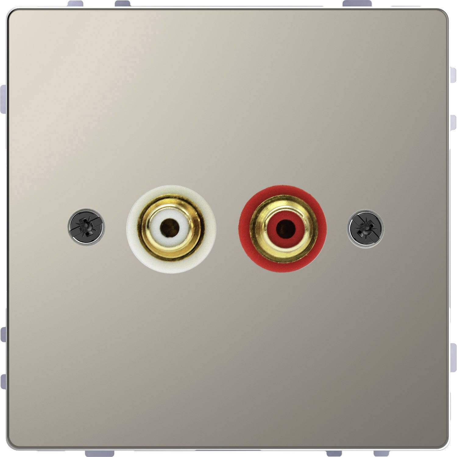 Two RCA sockets on a metal plate, one in white and one in red, with a screw on either side of each.