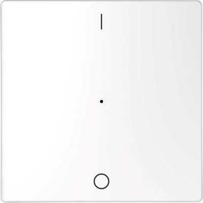 A white wall switch with a minimalist design, featuring a vertical line at the top, a small dot in the centre, and a circle at the bottom.