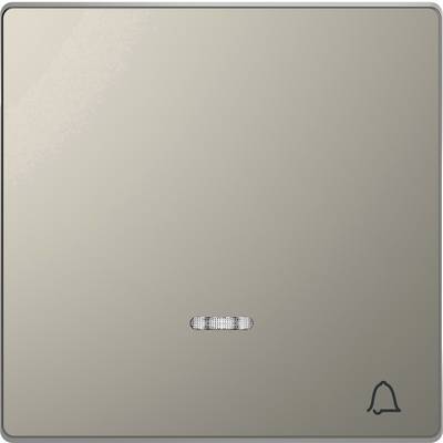 A metal doorbell plate with a shiny surface and a bell symbol in the bottom right corner.