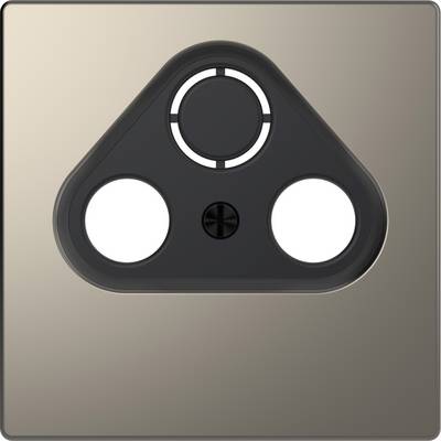 'Symbol in a triangular shape on a metallic surface; similar to a three-pin plug, with a central round element and two oval openings.'