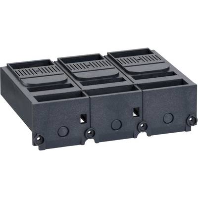 Three-way black plastic holder with vertical slots at the top, suitable for mounting fuses or similar components.