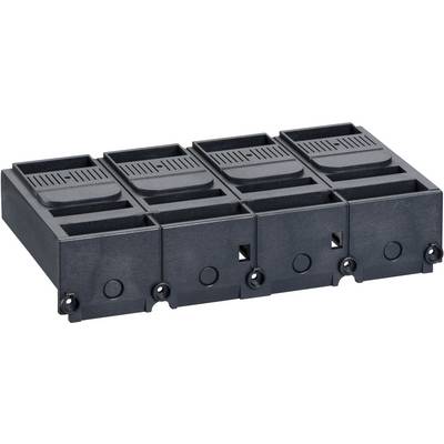 Black plastic dispenser with four rectangular compartments for storing or displaying small items.