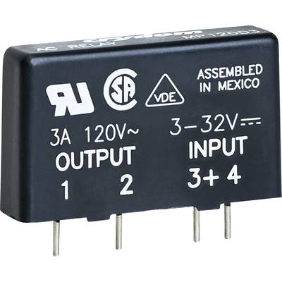 Black relay with four metal pins showing '3A 120V OUT' and '3-32V IN', marked with inspection marks and origin 'ASSEMBLED IN MEXICO'.