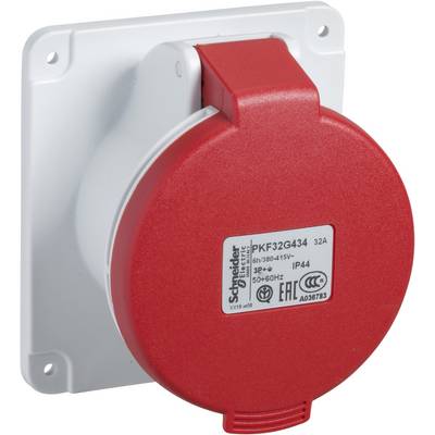 Red industrial electrical socket mounted on a white plate, labelled with 'Schneider Electric' and technical specifications.