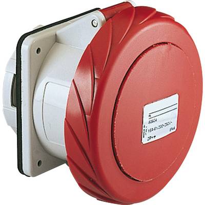 Industrial electrical connector with a labelled sticker, mounted on white plastic.