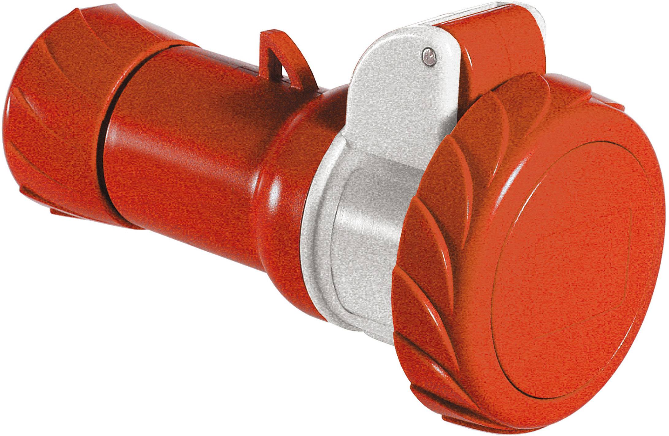 Red electrical connector housing in cylindrical form with a locking mechanism on the top surface.
