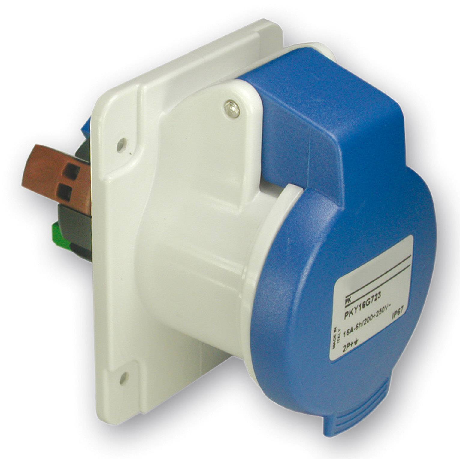 A blue and white electrical socket connection on a white base, suitable for industrial applications.