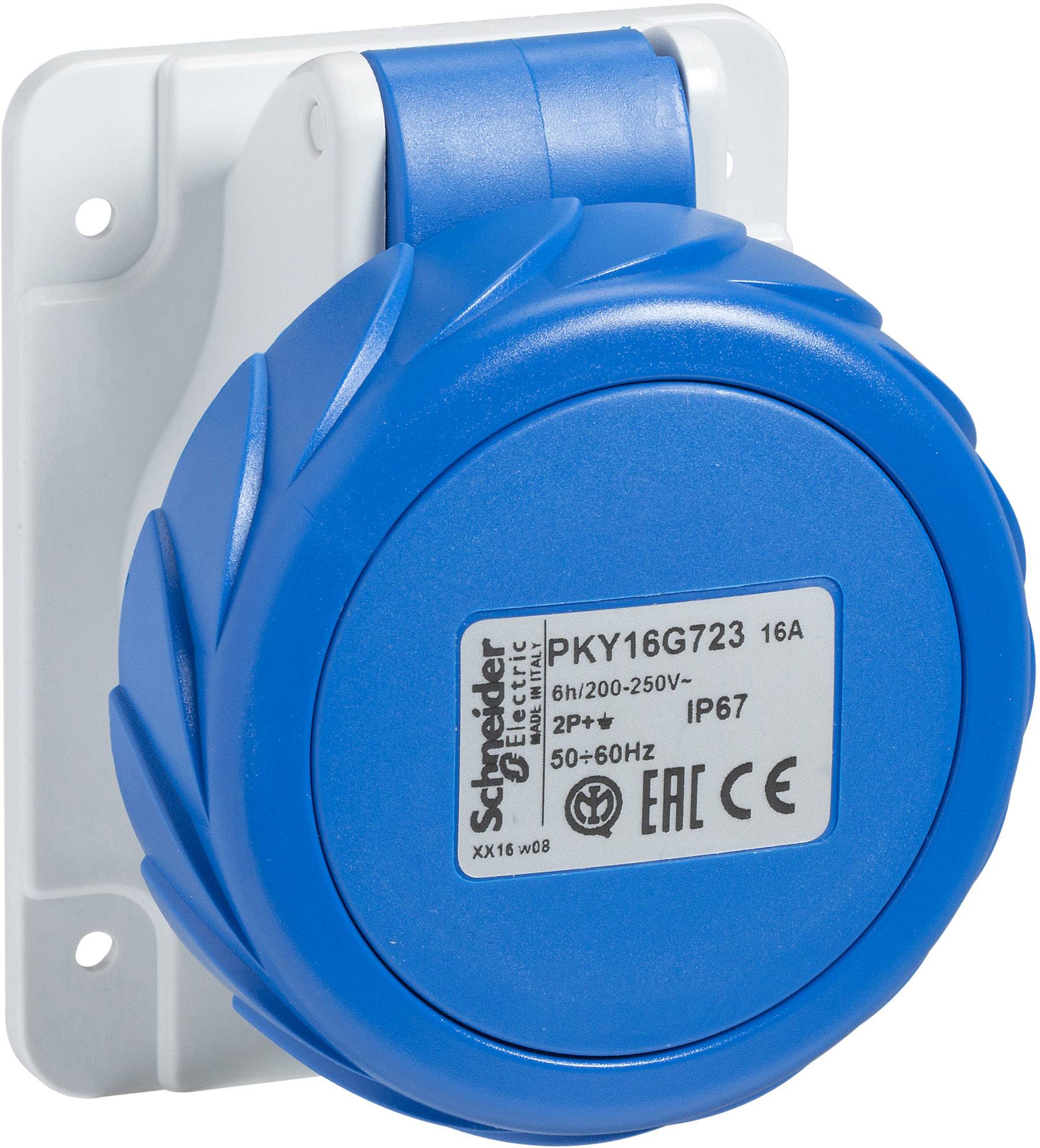 A blue, robust socket from Schneider Electric, suitable for 16A, 200-250V, with IP67 protection rating. Ideal for industrial applications.