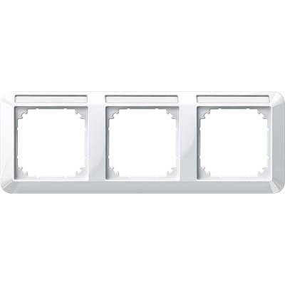 Triple white socket or switch frame plate without inserts, suitable for wall mounting in a residential or work area.