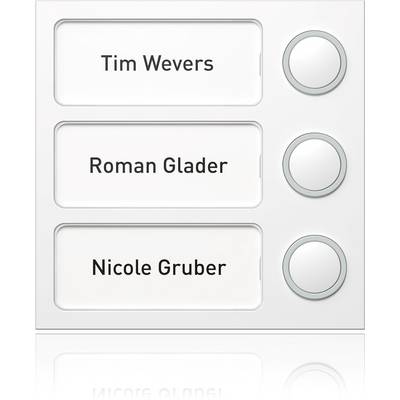 Three doorbell nameplates with names: 'Tim Wevers', 'Roman Glader' and 'Nicole Gruber', each with a button beside it.