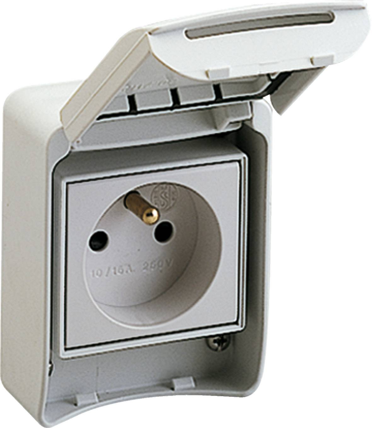 White external socket with hinged cover, open. Suitable for 10/16A and 250V, protected against weather influences.<br><br>White outdoor socket with flip lid, open. Suitable for 10/16A and 250V, protected from the elements.