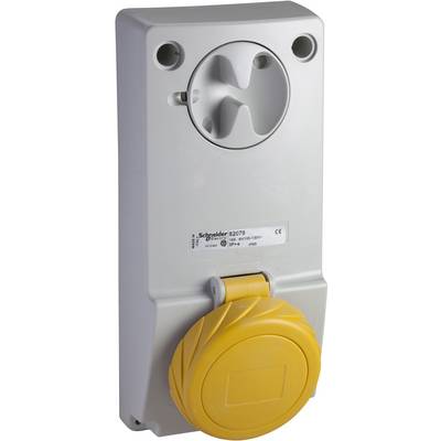 White, rectangular electrical wall socket with yellow safety lock. Suitable for industrial applications.<br><br>(Note: The translation is already in British English and does not require significant modification.)