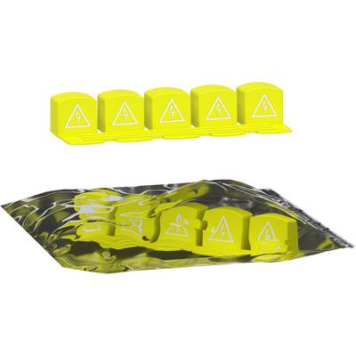 Yellow plastic components with a lightning symbol represent electrical protection. Some parts are standing upright, while others are lying in packaging.