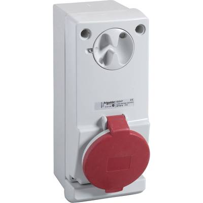 A white wall socket with a red cover. Suitable for industrial applications. Brand logo and model number are visible.