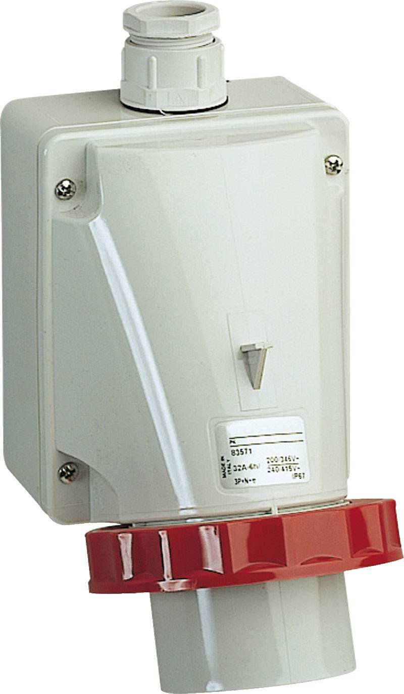 A white industrial socket with a red connection by Mennekes, suitable for high electrical currents.