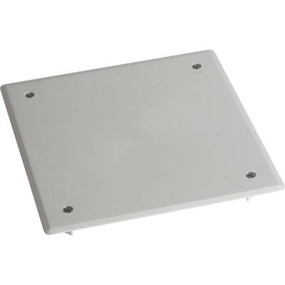 White, square metal plate with four visible screw holes at the corners, placed on a neutral, grey surface.