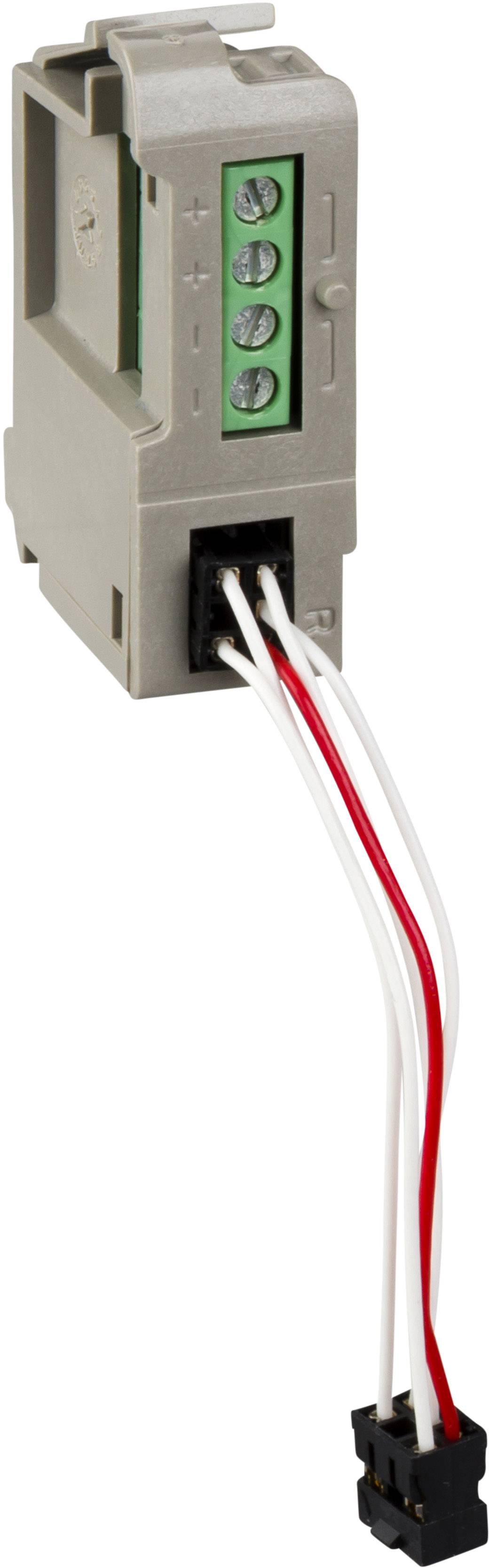An electrical module with a green connection field and four screw terminals, connected to three wires in red and white, terminates in a plug.