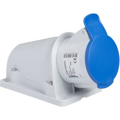 A white industrial plug with a blue cap, suitable for high current loads. Certifications and technical specifications are printed on the surface.