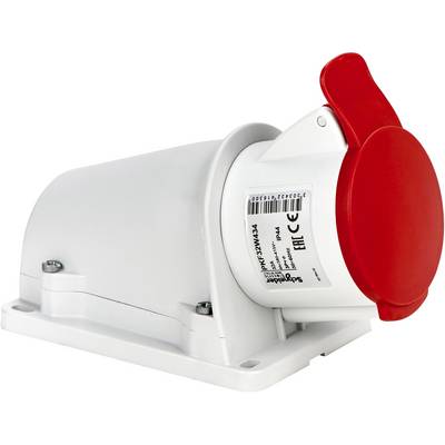 Industrial socket with a red protective cover and white housing, suitable for industrial electrical applications. Mounted on the left side.