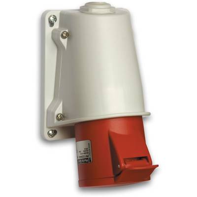 Industrial socket, red housing, wall-mounted. Ideal for use in industrial facilities or workshops.