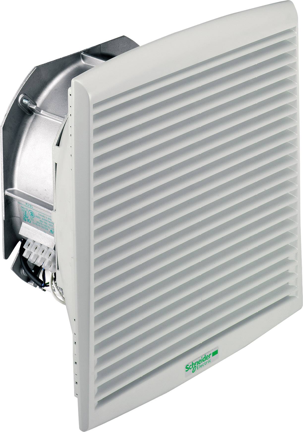 Ventilation grille with integrated fan in white colour. Brand logo visible at the bottom. Used for cooling and ventilation of devices.