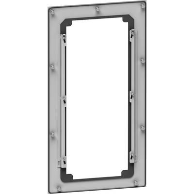 Rectangular metal frame with screws and hinges, possibly part of a door or window mechanism, on a white background.