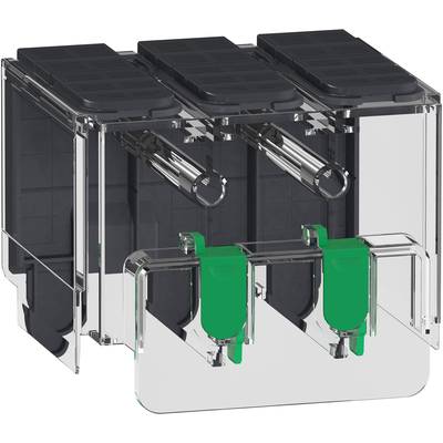 Transparent plastic container with three chambers and two green-marked outlets at the bottom, possibly for storage and dispensing.