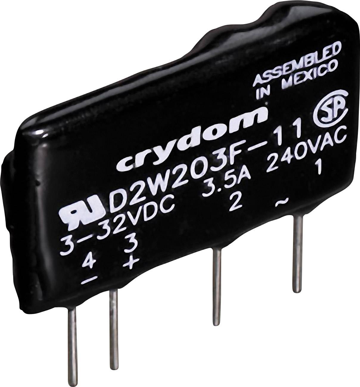 A black solid-state relay with the inscription 'crydom D2W203F-11', specified for 3-32 VDC, 3.5 A, 240 VAC, manufactured in Mexico.