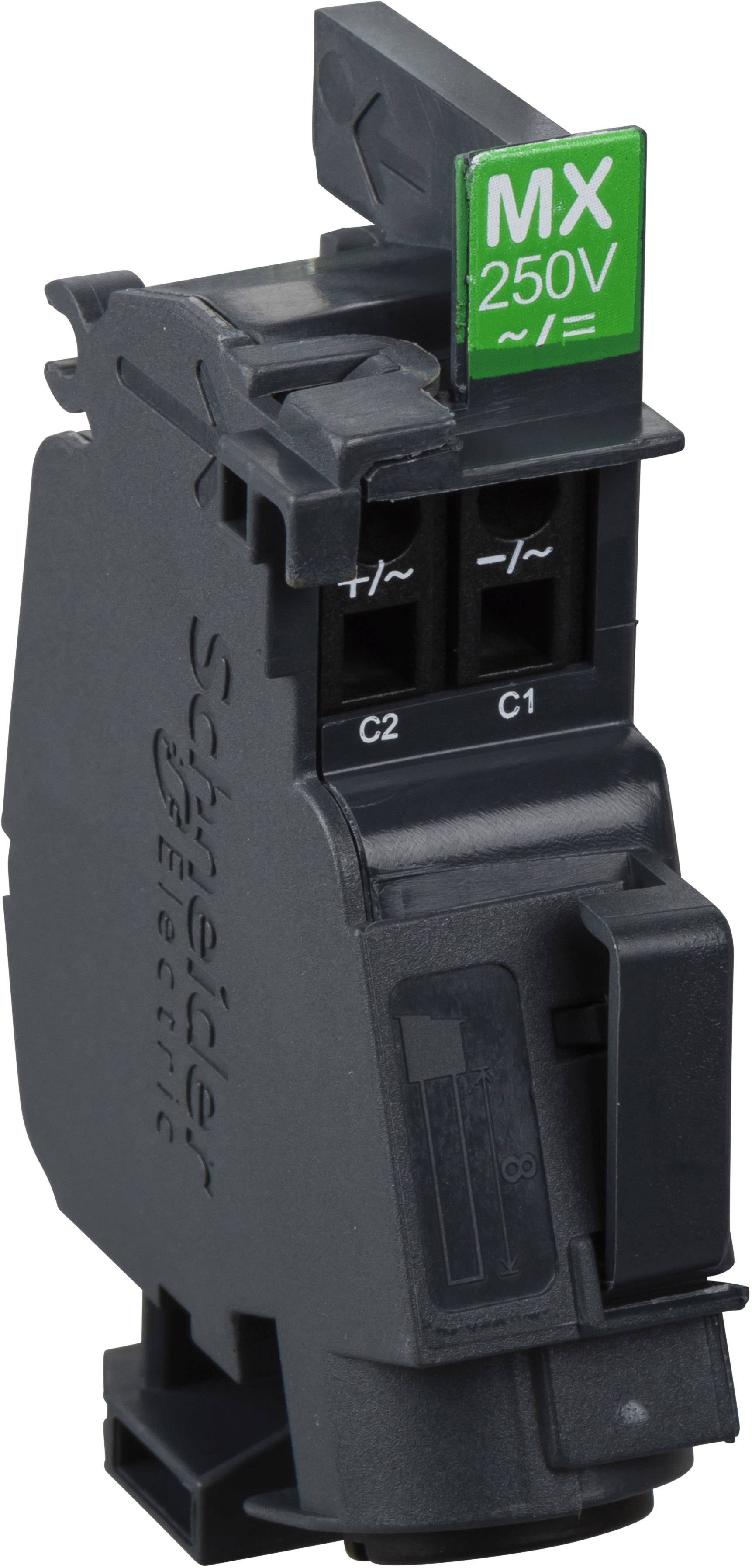 Figure of an electrical switch with a green label 'MX 250V', manufactured by Schneider Electric, showing slots C2 and C1.