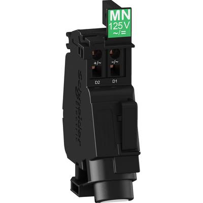 Black electrical connector with green shield 'MN 125V', marked with '+' and '-'. By Schneider Electric.