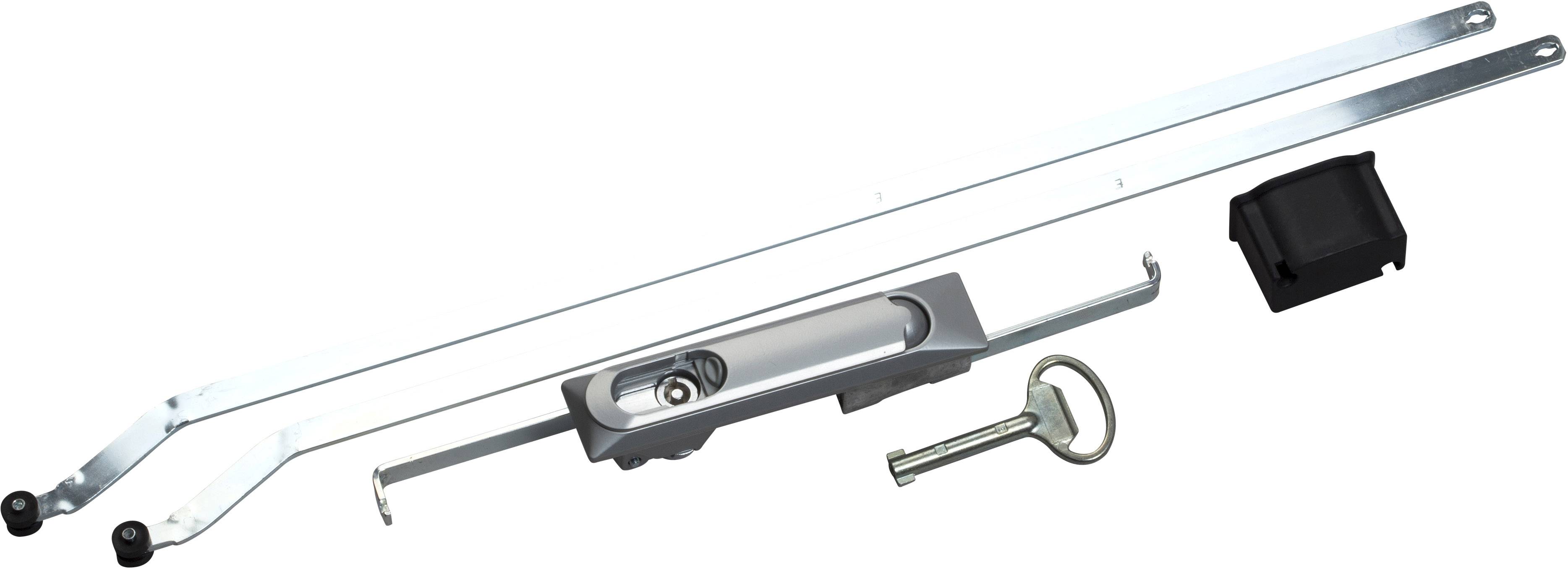 Window locking set with bars, locking mechanism and keys. Suitable for additional security on windows.