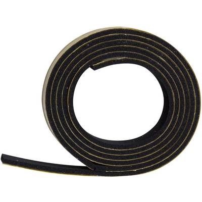 'Black foam sealing tape, rolled, with yellow adhesive surface. Suitable for window and door sealing.'
