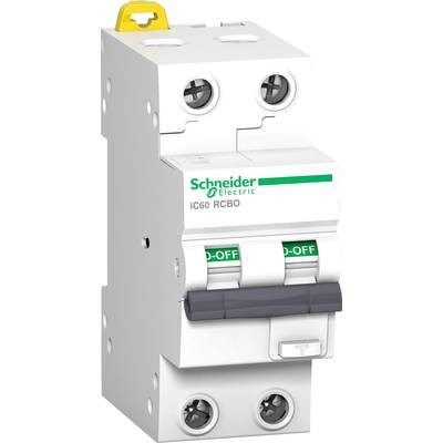 A two-pole protective switch by Schneider Electric, model iC60 RCBO, for safeguarding electrical circuits against overload and short circuit.