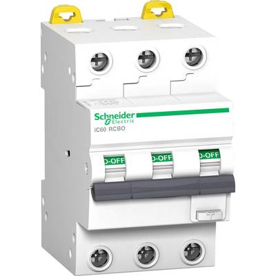 A white three-pole circuit breaker from Schneider Electric, labelled 'iC60 RCBO', with green 'ON-OFF' switches and a grey lever.