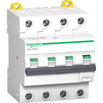 A 4-pole circuit breaker and personnel protection switch from Schneider Electric with toggle switches indicating 'ON' and 'OFF'.