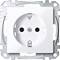 White, square socket with two round holes and earth contact, surrounded by a silver metal frame.