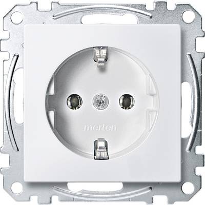 A white, square socket with two plug points, mounted on a silver metal plate, brand 'merten'.