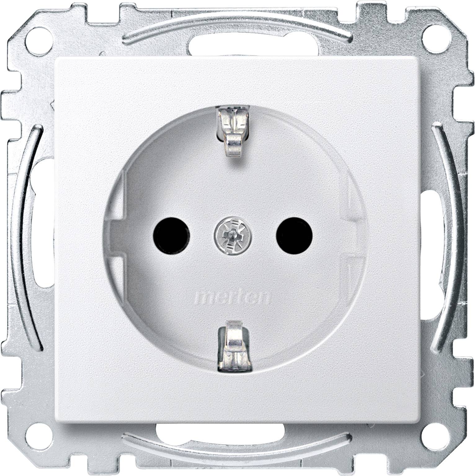 White, square socket with two plug points, mounted on a metal plate.