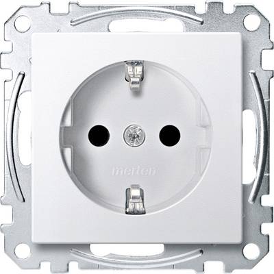 White, square socket with two plug points, mounted on a metal plate.