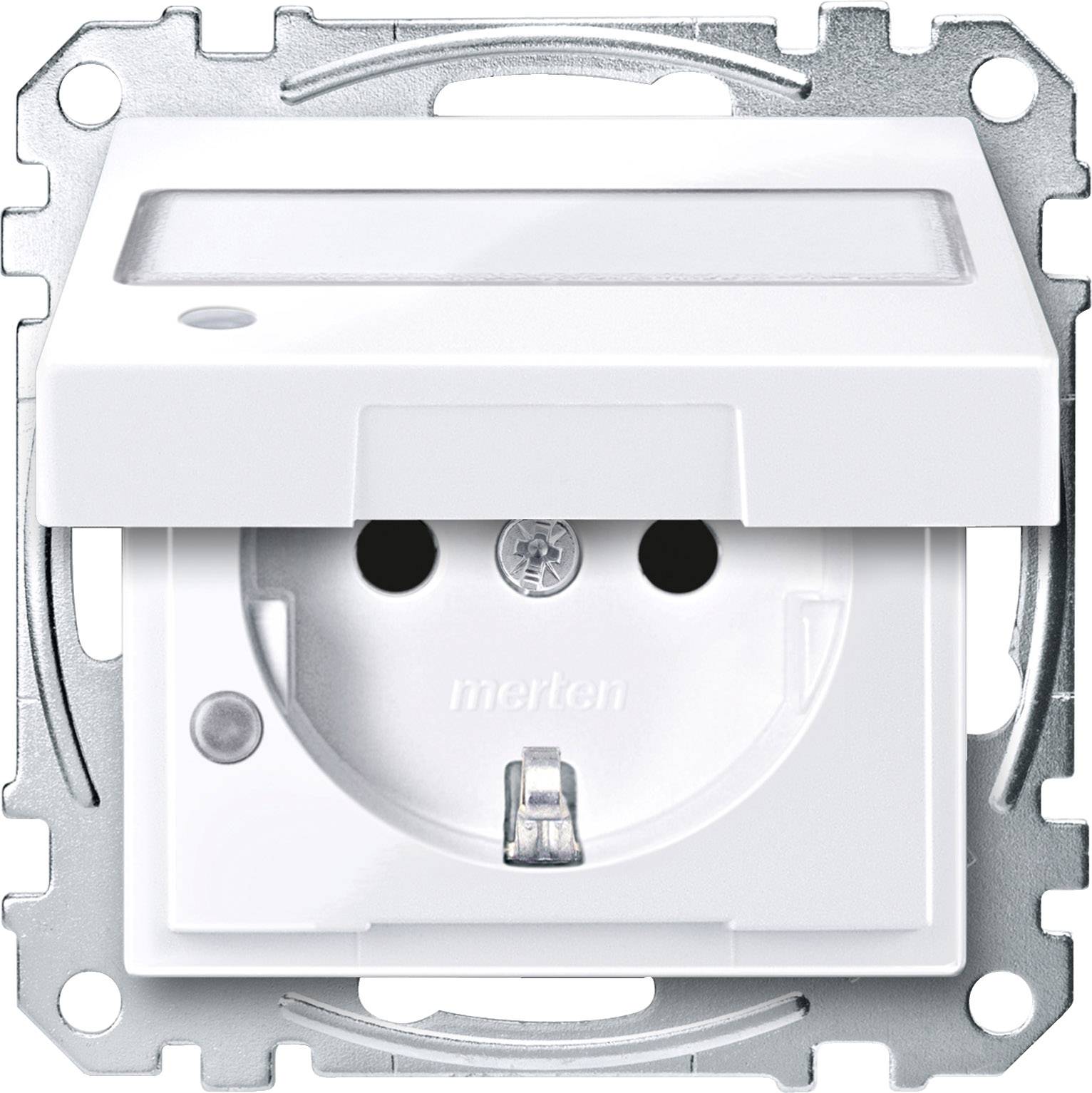 White socket with hinged lid and earth pin, mounted on metal frame. Suitable for damp areas due to protective cover.