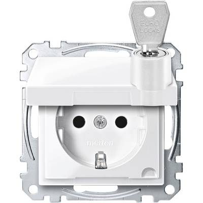 Socket with child safety mechanism and metal protective cover, compatible with standard electrical installations, includes a removable key.