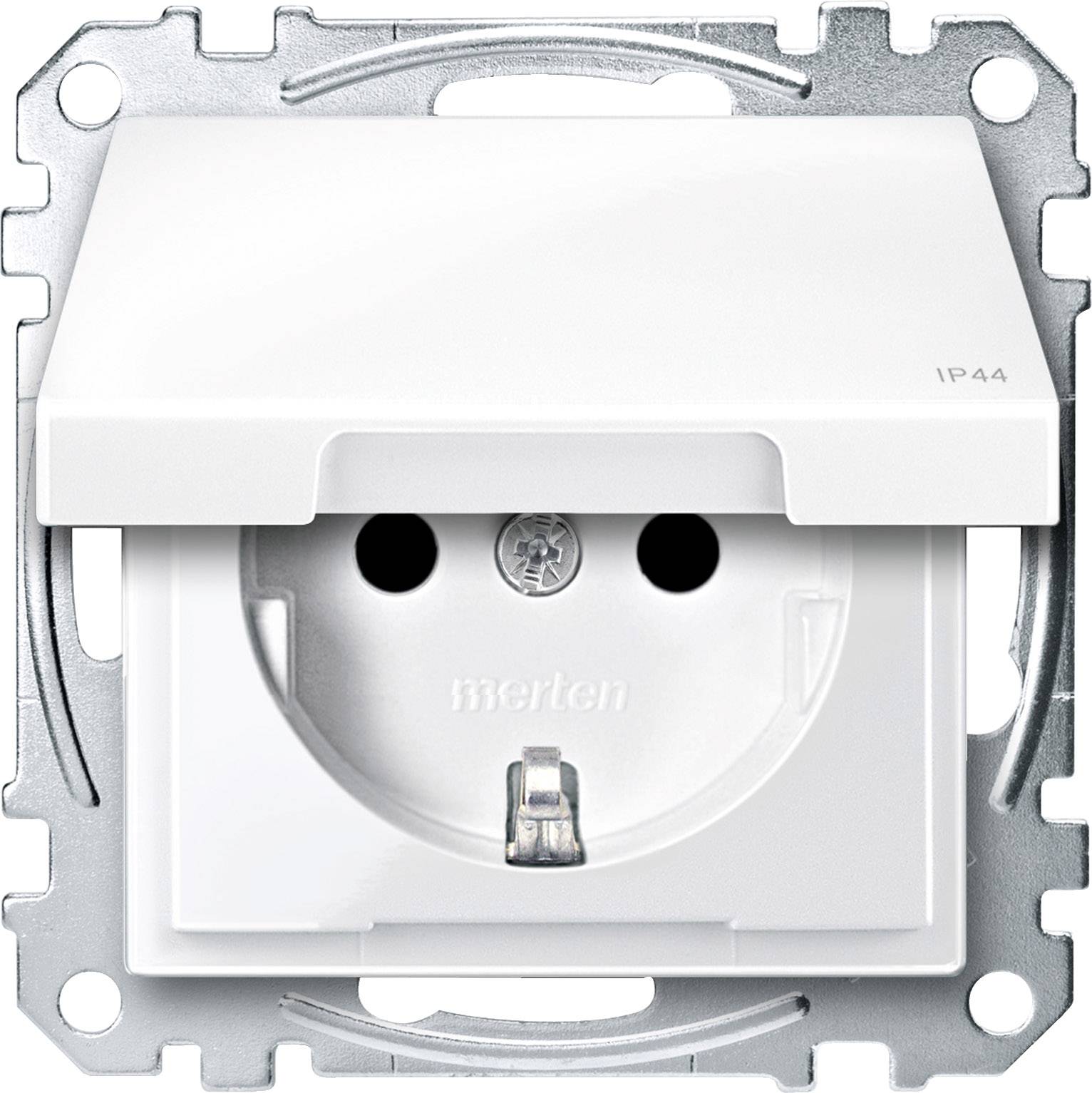 A white earthed socket with a hinged cover, suitable for damp areas, IP44-certified, mounted on a metal bracket.