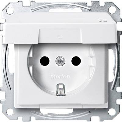 White flush-mounted socket with cover, screws and IP44 protection rating, suitable for damp environments.