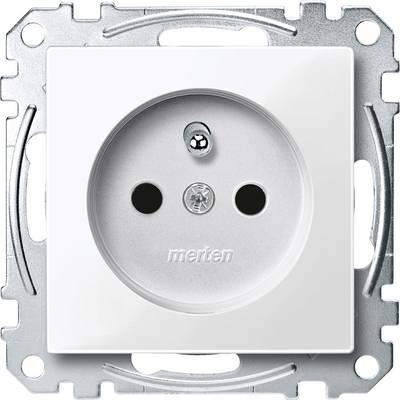 A white flush-mounted socket, square, with two holes and earth contact, mounted on a silver metal frame.