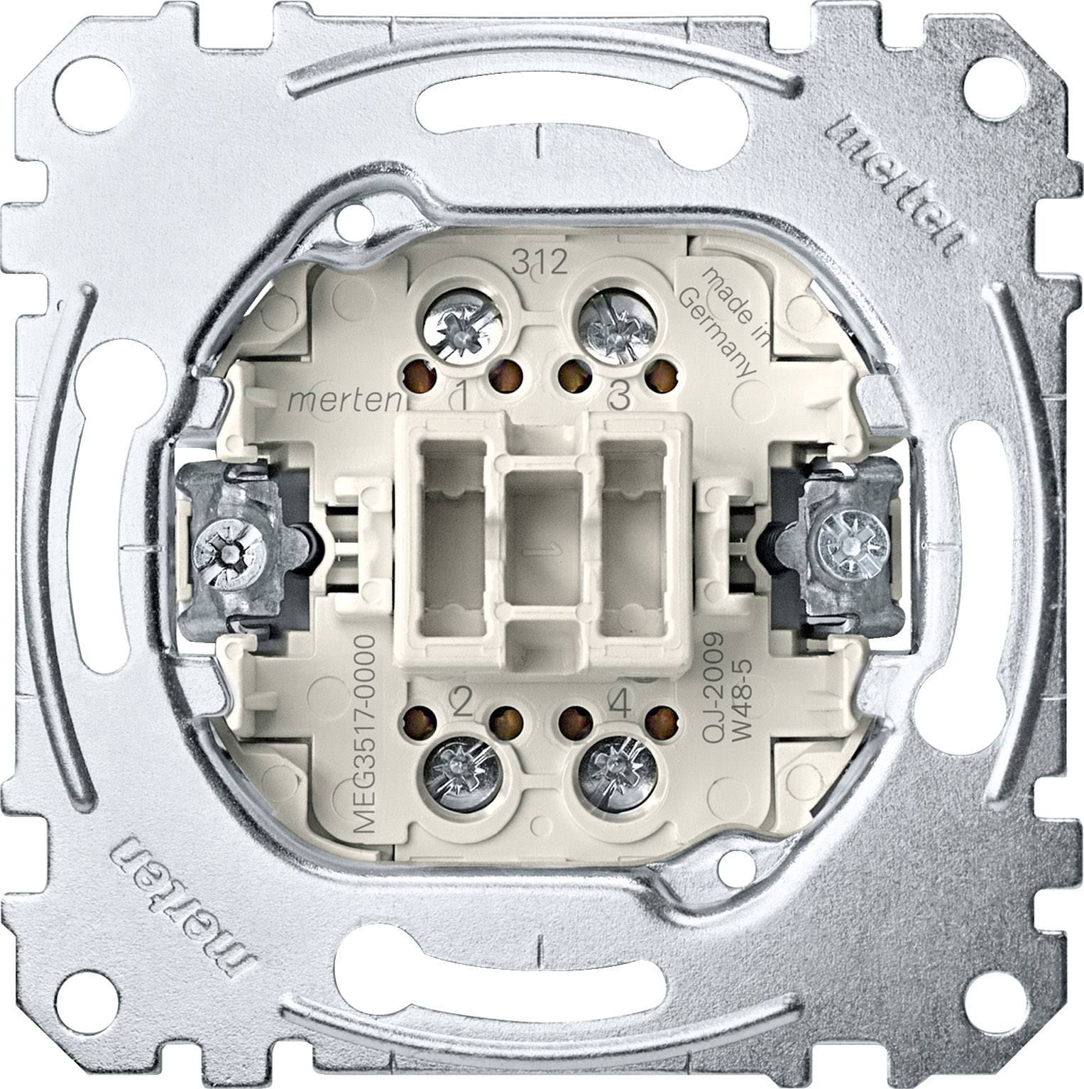 A metal light switch unit with screws and markings 'merten' and 'made in germany', visible in the metal casing.