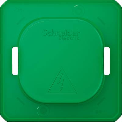 Green protective cover from Schneider Electric with a lightning symbol in the centre, indicates electrical safety.