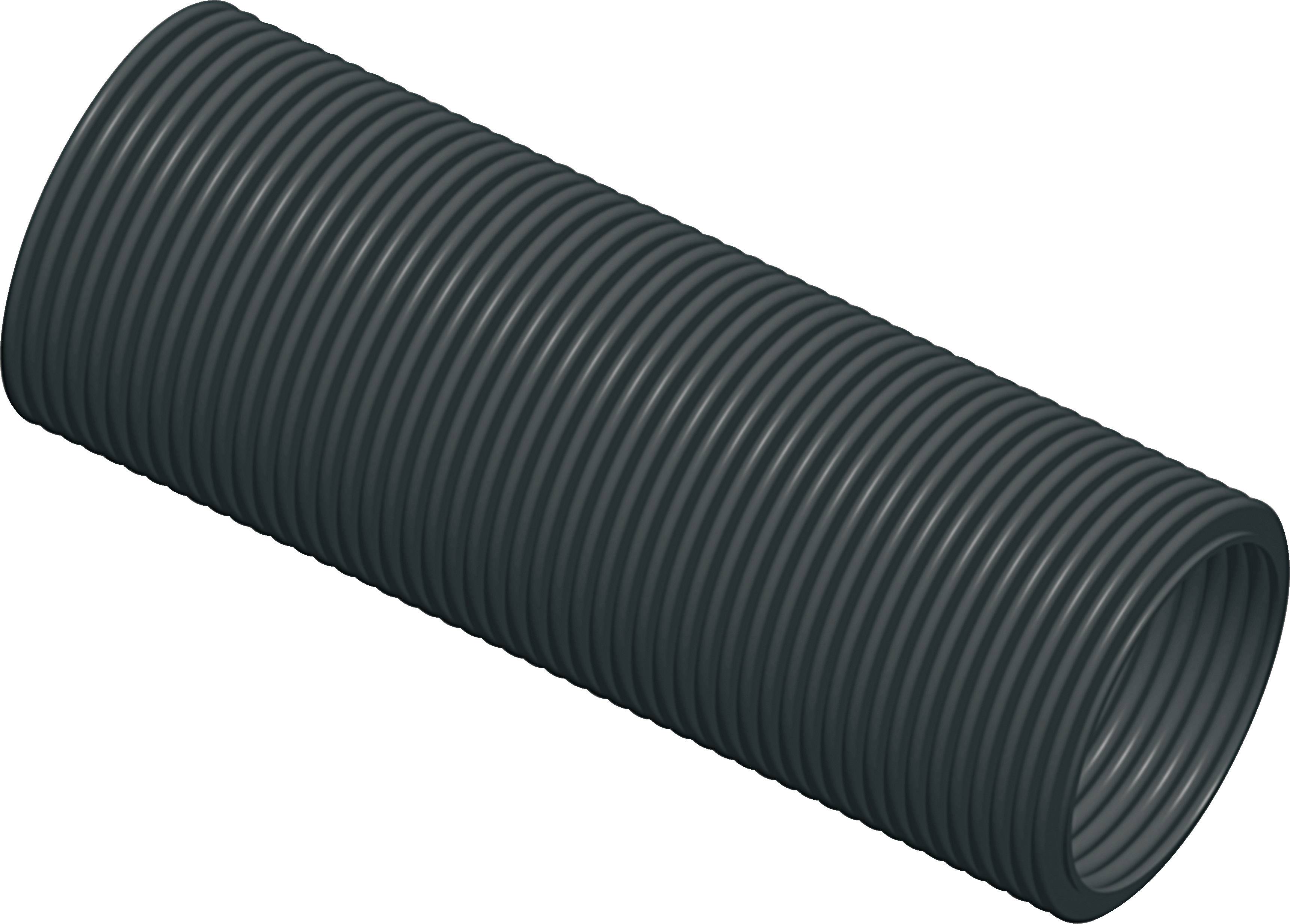 A black, corrugated plastic pipe lying horizontally. It is commonly used for underground pipework.