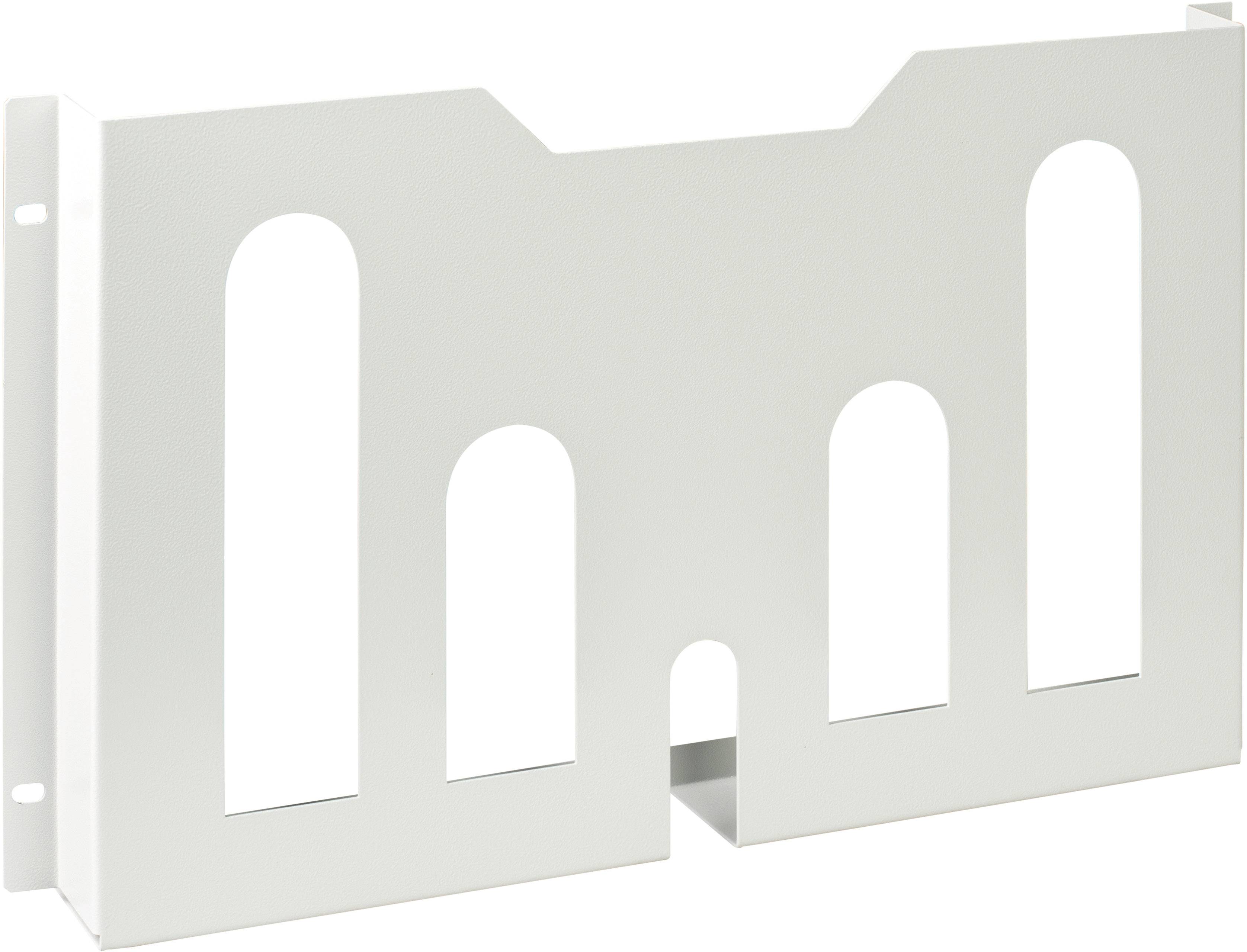 White metal plate with punch-outs in the shape of narrow, rounded windows that are suitable for wall mounting.