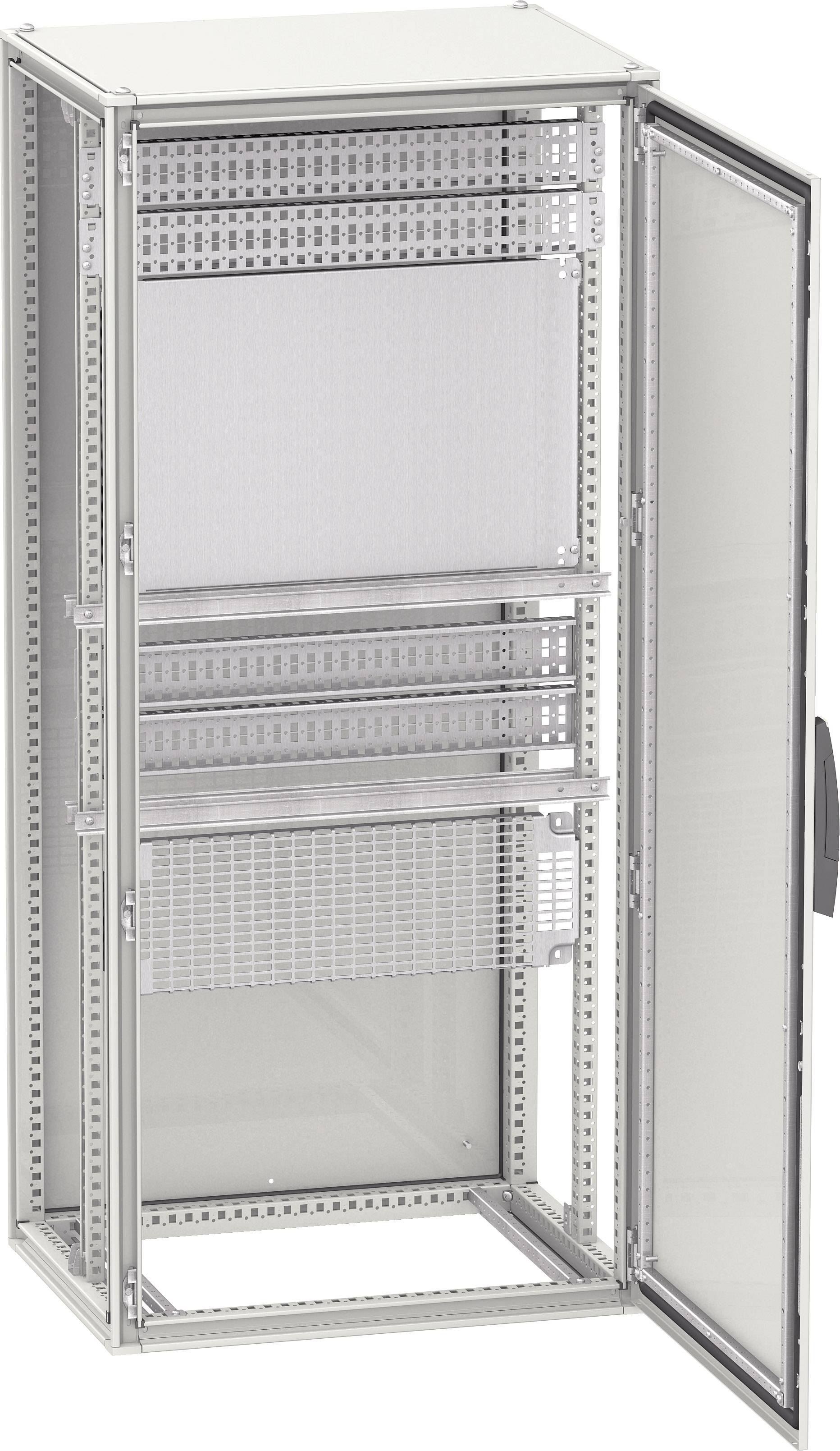 Metal cabinet with an open door, four compartments with ventilated shelves, suitable for storing technical equipment or tools.
